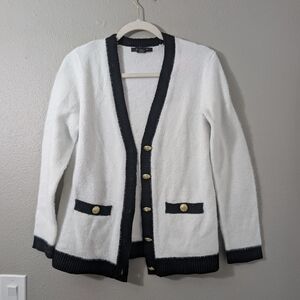 Tahari White and Black Cardigan with Gold Buttons